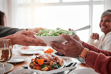 Image showing Food, salad and hands with dinner and party, social gathering or event with family or friends and celebration. Holiday, fun and feast with love, meal and nutrition, people have meal together