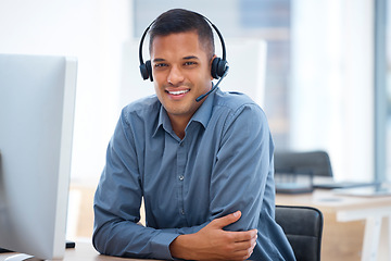 Image showing Call center portrait, smile or happy man in communication for telecom customer services in crm office job. Contact us or friendly sales agent consulting on microphone in technical support help desk