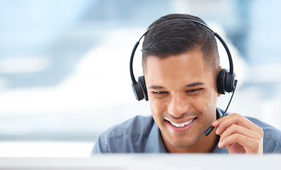 Image showing Call center, mockup or friendly man in communication for telecom customer services on mic. Smile, crm or face of happy sales agent consulting, speaking or talking in technical support help desk
