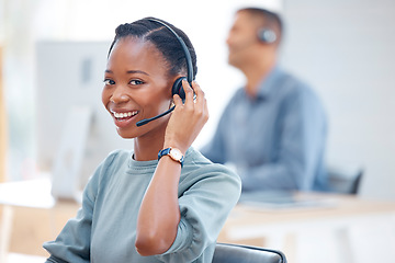 Image showing Call center portrait, headset or black woman in communication at telecom customer services. Microphone, smile or happy African sales agent consulting, speaking or talking in tech support help desk