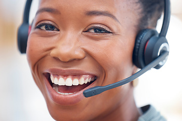 Image showing Portrait, call center and customer service with a consultant black woman closeup in her office for support. Face, happy and smile with a female consulting using a headset for telemarketing or sales