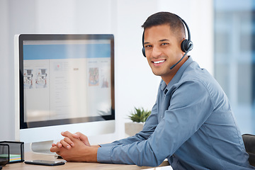 Image showing Call center portrait, computer or friendly man in communication for telecom customer services. Smile, contact or happy sales agent consulting on microphone in crm technical support help desk office