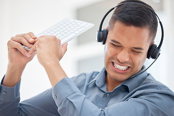 Image showing Stress, frustrated or angry man in call center breaking computer keyboard in crm consulting fail or 404 glitch. Anger problem, crazy screaming or mad customer services agent in technology smash