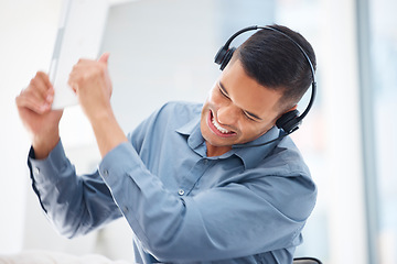 Image showing Anger, frustrated or angry man in call center breaking computer keyboard in crm consulting fail or 404 glitch. Stress problem, crazy screaming or mad customer services agent in technology smash