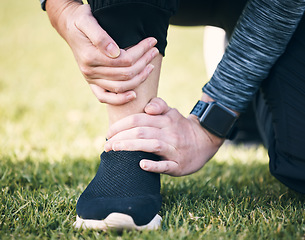 Image showing Closeup woman, pain and ankle injury outdoor from fitness accident, emergency or first aid risk at park. Joint, bone health and injured leg of athlete, runner and problem of arthritis, muscle or feet