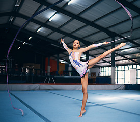 Image showing Ribbon, gymnastics and portrait of woman balance in performance, dance training and sports competition. Female, rhythmic movement and flexible dancing athlete, action and creative talent in arena