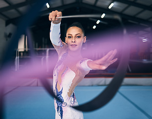 Image showing Ribbon, gymnastics and portrait of woman dance for performance, sports competition and action show. Female, rhythmic movement and dancing athlete with creative talent, concert event or practice arena