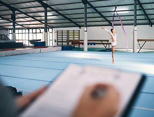 Image showing Ribbon dancing, dance exam and woman gymnast with fitness, performance art and training. Gymnastics, girl and show of a gymnastic dancer in a exercise competition with creative workout and checklist