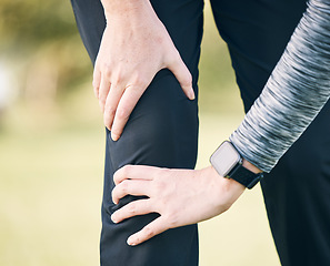 Image showing Closeup woman, knee pain and injury for fitness, first aid emergency and exercise health risk at park. Legs of female athlete, accident and workout mistake of injured muscle, runner problem and wound