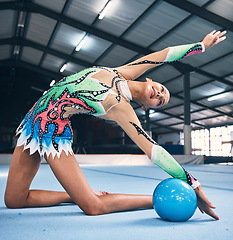 Image showing Flexible woman, gymnastics and ball for performance, competition training and dancing in sports arena. Female, rhythmic movement and dancer in creative talent, solo concert and stretching for agility