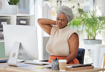 Image showing Tired, office or black woman with neck pain injury, burnout or bad ache in a business or company desk table. Posture problems, upset or injured female worker frustrated or stressed by muscle tension