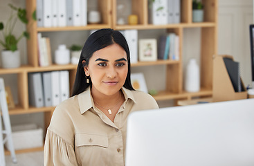 Image showing Business, digital or Indian woman typing on computer working on email or online project research. Technology, office feedback or girl journalist writing blog reports or internet articles with focus