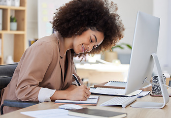 Image showing Notebook, ideas or business woman writing report in a diary or journal for time management schedule. Agenda, strategy documents or happy girl journalist planning a reminder for an office appointment