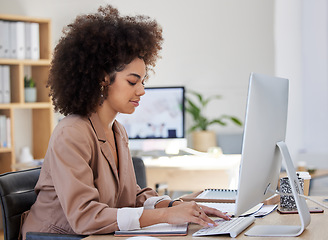 Image showing Business, website or woman typing on computer working on email or content research project online. Technology, seo data feedback or girl journalist writing blog report or internet articles with focus