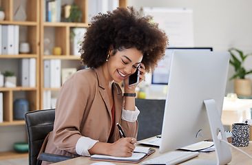 Image showing Notebook, phone call or business woman writing report ideas in a diary or journal for time management schedule. Agenda strategy, documents or happy girl planning a reminder for an office appointment