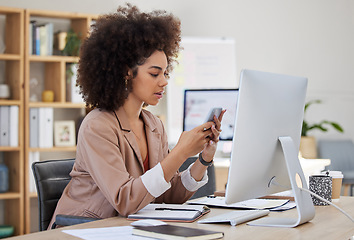 Image showing Business, phone or woman on social media to relax online on a break at workplace office desk. Mobile app, typing or biracial girl journalist texting or searching for blogs, news or internet articles