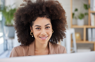 Image showing Business, portrait or happy woman typing on computer working on email or online project research. Face, positive mindset or biracial girl journalist writing blog reports, media or internet articles