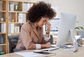 Image showing Headache, migraine and frustrated woman on computer stress, depression or health risk in office working. Pain, depressed or angry, biracial business person with burnout or fatigue for online career