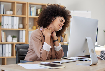 Image showing Stress, office or woman with neck pain injury, fatigue or bad posture in business or company desk. Burnout, tired girl or injured female worker frustrated or stressed by muscle tension or problem