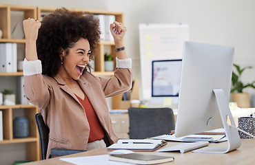 Image showing Happy woman winning on computer success, bonus or celebration for news, sales and business cheers in office. Wow, yes and winner or biracial person celebrate, fist pump and reading opportunity on pc