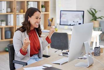 Image showing Happy woman winning on computer in success, bonus or celebration for news, sales and business cheers in office. Yes of happy winner or Asian person celebrate, fist pump and reading opportunity on pc