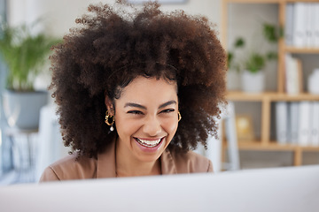 Image showing Business, computer or happy woman laughing at meme on social media or relaxing break at workplace. Face, crazy feedback or biracial girl journalist smiling or writing funny blog or comedy articles