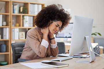 Image showing Burnout, office or woman with neck pain injury, fatigue or bad ache in a business or company desk. Posture problems, tired girl or injured female worker frustrated or stressed by muscle tension
