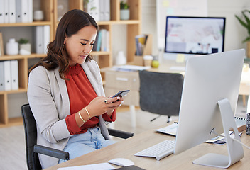 Image showing Office, phone or woman on social media to relax online on a break at workplace desk of business. Mobile app, break or girl journalist texting, typing or searching for blogs, news or internet articles