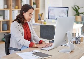 Image showing Business, journalist or woman typing on computer working on email or content research project online. Technology, office feedback data or focused girl writing blog report, agenda or internet articles