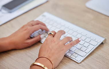 Image showing Hands, journalist or woman typing on computer working on email or research project on keyboard. Technology closeup, online business feedback or girl writing blog report, agenda or internet articles