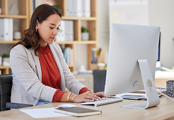 Image showing Office, journalist or woman typing on computer working on email or content research project online. Technology, business feedback data or focused girl writing blog report, agenda or internet articles