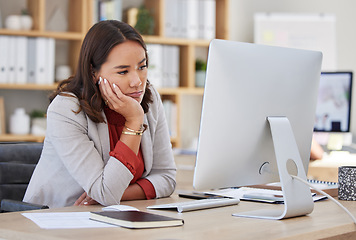 Image showing Bored, burnout or tired business woman is sleepy in the office from deadlines, overworked or overwhelmed. Depression, fatigue or exhausted female worker working on computer at administration desk