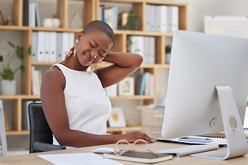 Image showing Stress, office or black woman with neck pain injury, fatigue or burnout in business or startup company. Posture problems, tired girl or injured female worker frustrated or stressed by muscle tension