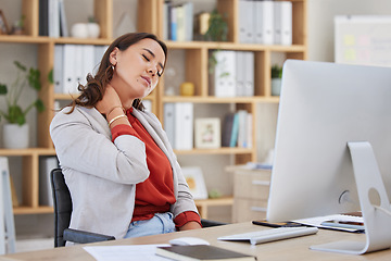 Image showing Stress, office or woman with neck pain injury, fatigue or burnout in a business or startup company. Posture problems, tired girl or injured female worker frustrated or stressed by muscle tension