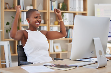 Image showing Winning, happy woman and computer success, bonus or celebration of news, sales and business cheers in office. Wow, yes and winner or African person celebrate, fist pump and reading opportunity on pc