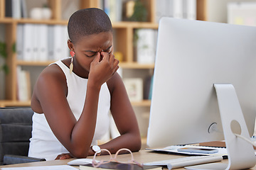 Image showing Headache, migraine and sad woman on computer stress, depression or mental health risk in office for news. Pain, depressed or angry African business person with burnout or fatigue for online career