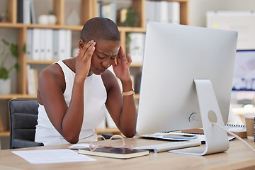Image showing Headache, migraine and pain of woman on computer stress, depression or mental health risk in office for news. Confused, depressed or frustrated African business person with burnout or fatigue online