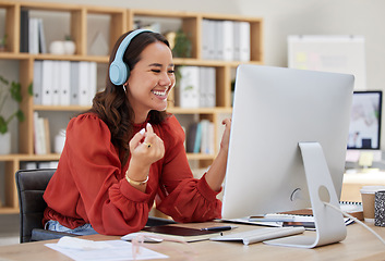 Image showing Office, computer or happy woman laughing at meme on social media or relaxing break at workplace. Headphones, streaming or crazy girl journalist smiling at funny blog or comedy on internet articles