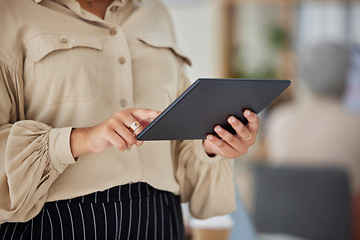 Image showing Office, hands and woman with tablet on email, social media post scroll or research project at start up. Online report, schedule or business plan, businesswoman with technology and web communication.