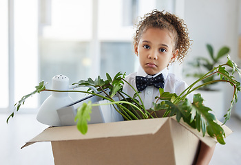 Image showing Sad, portrait and a child playing as a business person with a box of belongings after fired. Unhappy, jobless and a little girl pretending to leave an office and packing after work retrenchment