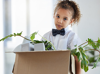 Image showing Sad, portrait and a child dressed as a business person with a box of belongings after fired. Unhappy, depressed and a little girl pretending and playing leaving office and packing after retrenchment