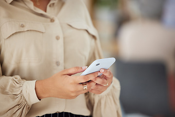 Image showing Closeup, woman or hands typing on a phone for social media content internet or website notification. Searching post, digital news blog or person texting on online networking mobile app in office