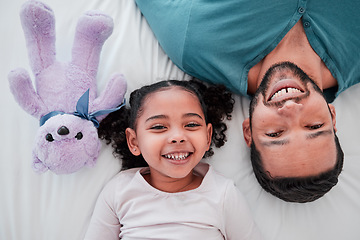 Image showing Portrait of dad, child and teddy bear on bed from above, bonding and love with play time to relax. Smile, happiness and man with kid together in bedroom of family home in morning or bedtime in Mexico