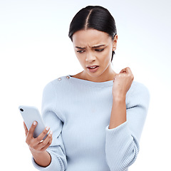 Image showing Confused, phone and frustrated woman with mobile glitch or internet problem online isolated in a studio white background. Angry, annoyed and female with 404 error on a cellphone website or web