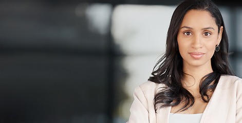 Image showing Portrait, business woman and banner with blurred background, mockup and focused on copy space. Face of young female worker with confidence, motivation and professional corporate commitment on mock up