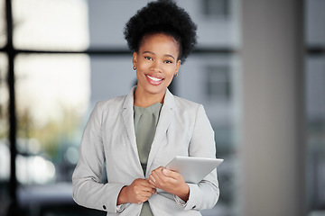 Image showing Happy black woman, tablet and portrait in office for productivity, data planning and internet research. Female employee, digital technology and smile for website strategy, business app or online info