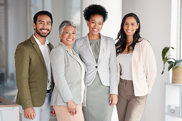 Image showing Happy portrait, business people and diversity in office, management and happiness with pride. Smile, group and teamwork of workers for motivation, corporate partnership and professional collaboration