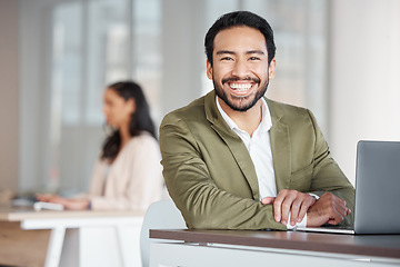 Image showing Portrait of happy business man, laptop and planning at office desk, digital project and trading. Male employee, smile and computer for data update, website strategy and research innovation online