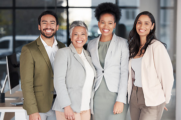 Image showing Portrait, business people and smile for office diversity, management and happiness with pride. Happy group, employees and teamwork for motivation, corporate partnership and professional collaboration