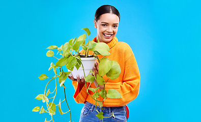 Image showing Portrait of woman in studio with plant, smile and happiness with house plants on blue background. Gardening, sustainable green hobby and happy gen z girl in mockup space for eco friendly garden shop.